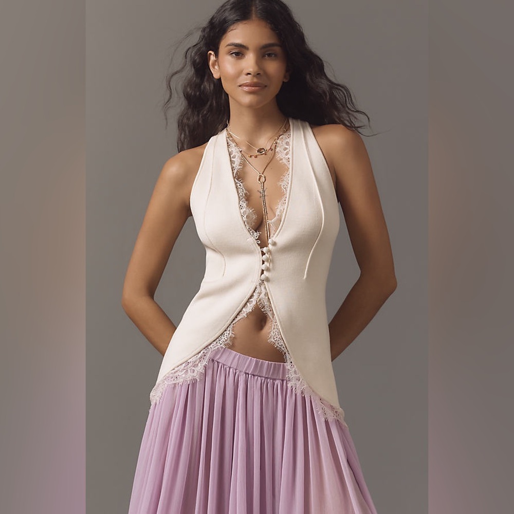 NWT Anthropologie Lace-Trim V-Neck Sweater Tank Vest in Ivory - Small